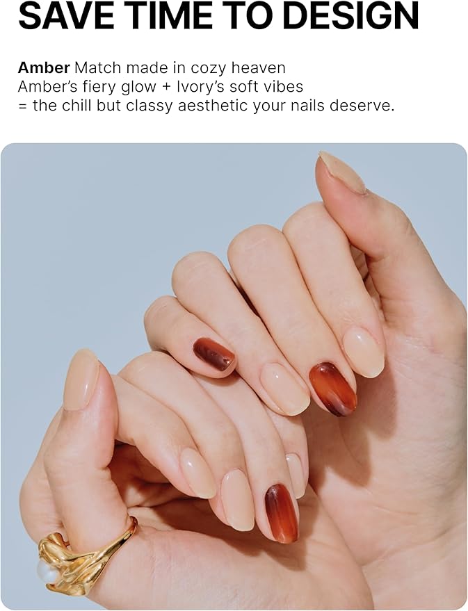 UUUUUU Semi Cured Gel Nail Strips | Salon-Quality | UV Free Gel Nail Wraps for Women | Easy Peel&Stick | Long-Lasting up to 14 Days | 28 Strips Set+File & Wipes | Gift-Ready (Amber)