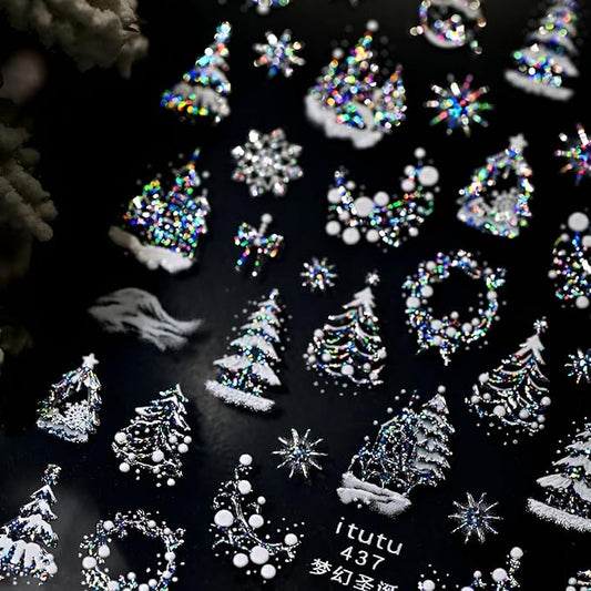Christmas Nail Stickers for Nail Art 5D Embossed Colorful Xmas Tree Nail Art Stickers Colorful Christmas Nail Decals Silver White Snowflake Nail Art Supplies Design for Women Girls