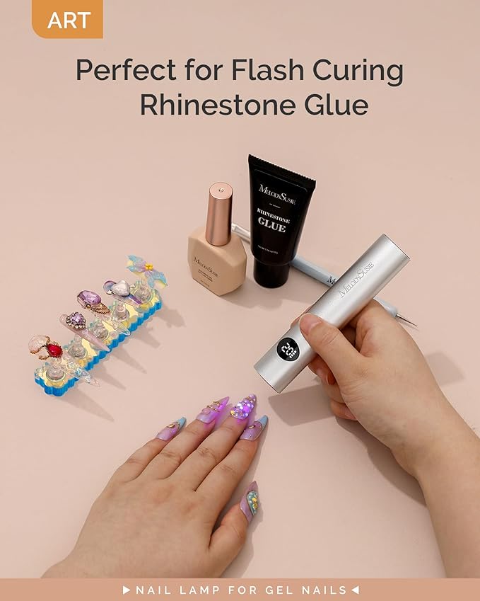 MelodySusie Handheld UV Light for Gel Nails, ART01G Cordless Gel X Nail Lamp, Rechargeable Flash Cure Nail Dryer with LCD Display, 2 Timers for Rhinestone Glue DIY at Home, Acetone Resistant, Silver