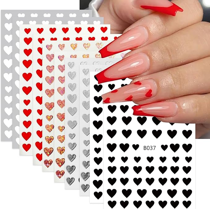 Heart Love Nail Art Stickers Glitter Shiny Love Nail Decals 3D Self-Adhesive Valentine Nail Supplies Glitter Red White Silver Black Heart Nail Design for Acrylic Nail Decorations 10 Sheets