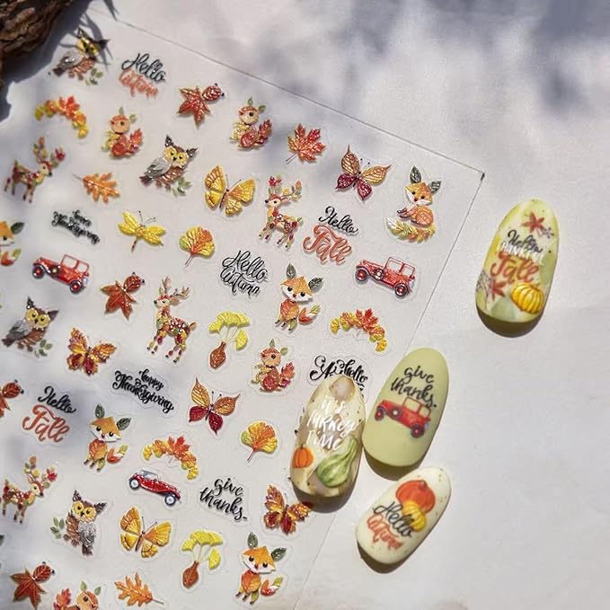 Autumn Pumpkin Nail Stickers Fall Nail Art Decals 5D Embossed Self-Adhesive Pumpkin Flower Nails Design Stickers Thanksgiving Nails Decorations for Women DIY Manicure 2 Sheets