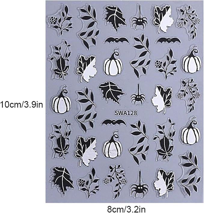 6 Sheets Fall Nail Stickers for Nail Art Halloween Pumpkin Maple Leaf Nail Stickers 3D Self-Adhesive Gold Black Maple Leaf Heart Nail Decals Autumn Maple Leaves Nails Design Leaf Sticker for Women