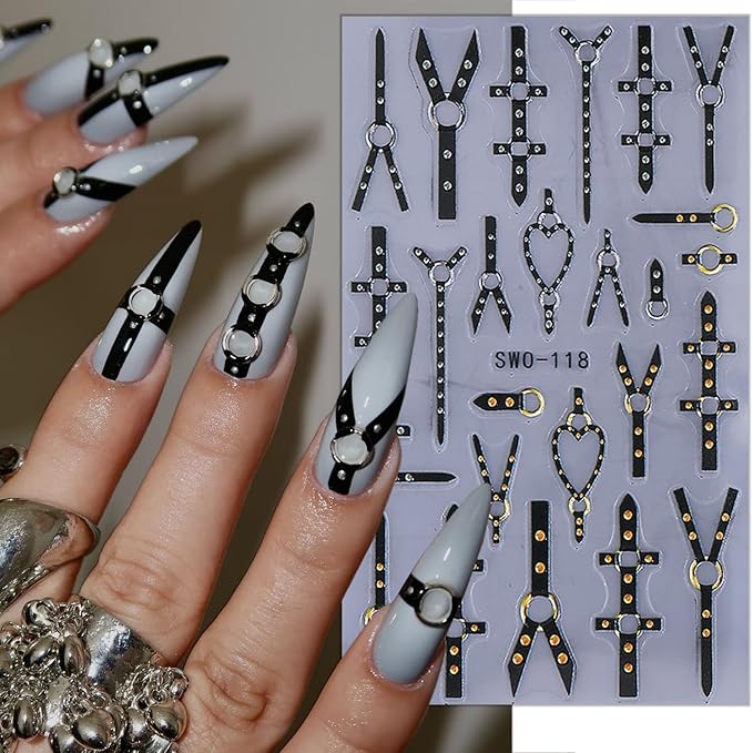 2 Sheets Gothic Nail Stickers for Nail Art Black Punk Belt Nail Design Decals Embossed Gold Silver Rivet Belt Nail Art Stickers 5D Self-Adhesive Halloween Nail Decals for Women DIY Manicure Supplies