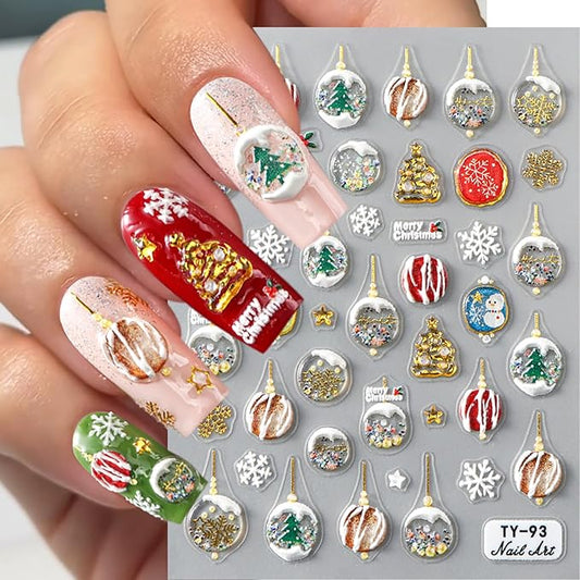 Christmas Snowflake Nail Stickers 5D Embossed Christmas Tree Snowman Nail Art Stickers Self-Adhesive Crystal Ball Nail Design Christmas Nail Decals for Women Girls Snowmen Nail Decoration 1 Sheets