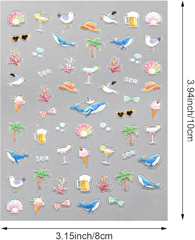 Summer Beach Theme 3D Nail Art Stickers, 2 Sheets, Self-Adhesive Embossed Ocean Designs with Fish, Coral, Seaweed, Palm Trees for Nail Decoration, Vacation Manicure