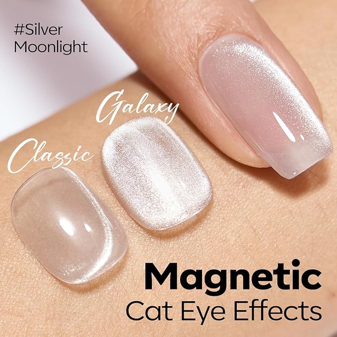 modelones Cat Eye Gel Nail Polish, Glitter Silver 9D Holographic Magnetic High Density Crystal Nail Polish with Magnet Soak Off U V White Gel Polish Top Coat Shimmer Nail Art Manicure Salon DIY