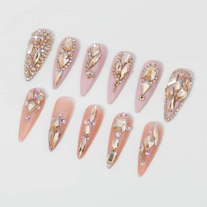 Multi Shapes Champagne Gold 3D Glass Crystal Nail Rhinestones Kit Mix 0.8mm Silver Nail Round Beads Charm Flatback Gems 5 Grids Flatback Rhinestones Stone Diamond for Manicure Makeup DIY Decoration