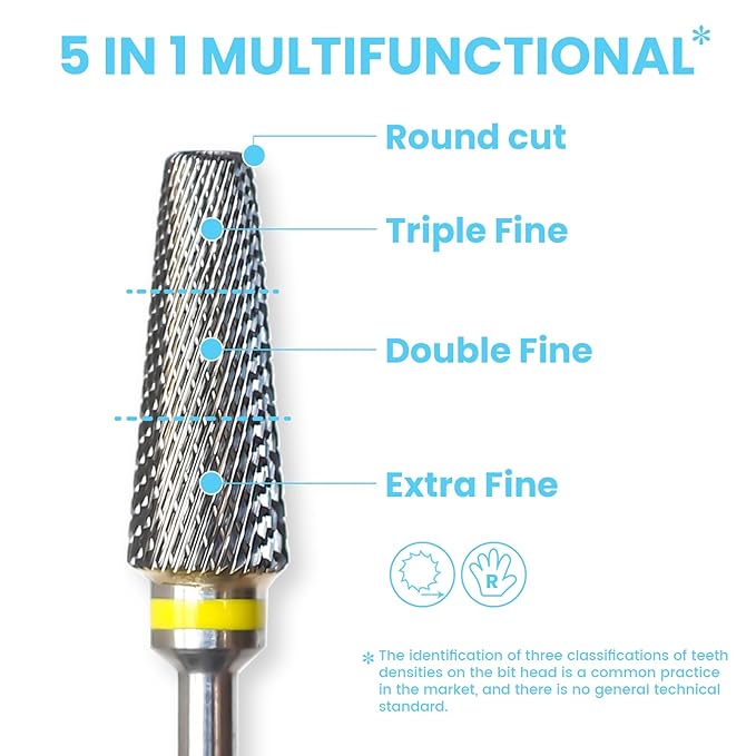 Super Cut 5 In 1 Tapered Barrel 3/32'' Safety Tungsten Nail Drill Bits, Upward teeth, Right handed, Suitable for Manicure Pedicure Cuticle Gel Polishing, Technicians Bits, Grit: Extra Fine.