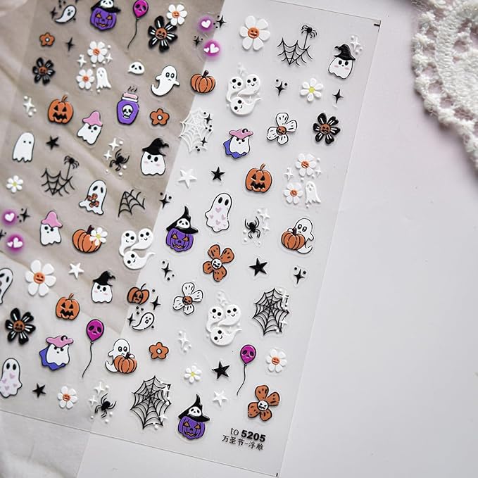 5D Embossed Cute Halloween Nail Art Stickers Self-Adhesive Ghost Nail Stickers with Spider Web Pumpkin Flower Designs Sticker Goth Nail Decals Holiday Nail Decorations for Women Acrylic Manicure Tips