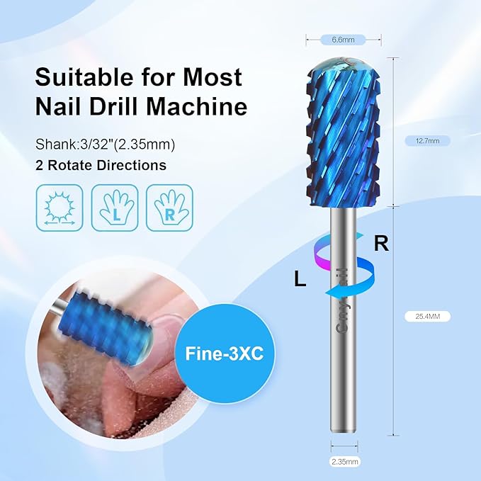 3/32" Large Barrel Smooth Round Top Tungsten Carbide Nail Drill Bit Safety Bit for Gel & Acrylic Removal, 2-Way Rotating Efile Tip, Salon Electric File Accessory (3XC Grit, Blue)