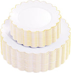 100Pcs White Gold Scalloped Plastic Dinner Plates Set by supernal