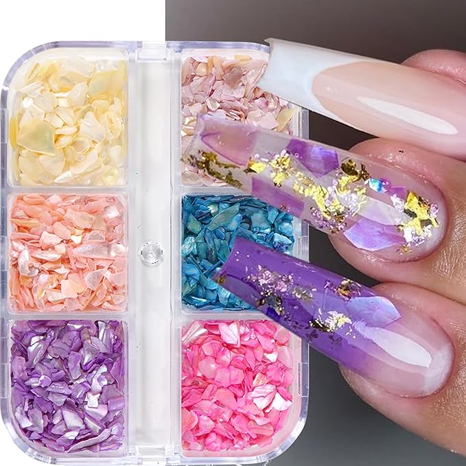 6 Grid Colorful Shell Glitter Sequins Nail Accessories Mix 6 Colors Manicure Shell Nail Art Glitter Flakes 3D Nails Supplies Jewelry Studs Nail Decoration Kit Suitable for Women Sparkly Acrylivc Nail