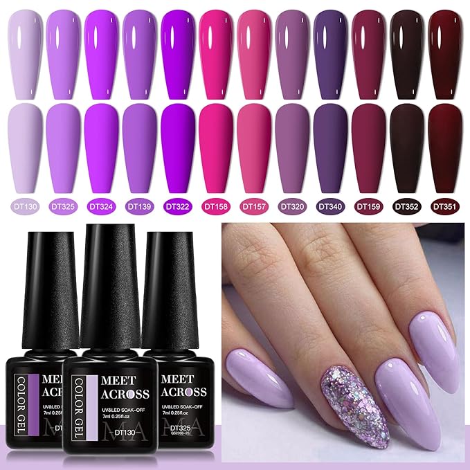 MEET ACROSS 12PCS Gel Nail Polish Set, 12 Colors Gel Nail Kit Art Design Soak Off UV LED,Nail Art Design Gifts for Women (SET-2, 12PCS)