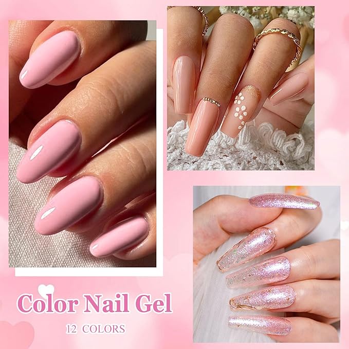 MEET ACROSS 12PCS Gel Nail Polish Set, 12 Colors Gel Nail Kit Art Design Soak Off UV LED,Nail Art Design Gifts for Women (Pink, 12PCS)