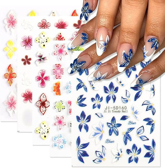 Flower Nail Art Stickers Decals 5D Embossed Nail Decals, 5 Sheets Colorful Flower Spring Summer Hibiscus Lily Floral Nail Art Design Self-Adhesive Nail Supplies Manicure Decorations for Women Girls