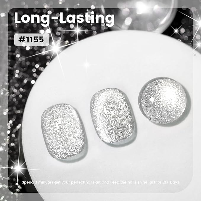 RARJSM Silver Cat Eye Gel Nail Polish with Magnet Stick Reflective Sparkle Translucent Clear White Glitter Cateye Gel Polish 15ml Single Bottle UV LED Curing Requires Soak Off for Home Salon