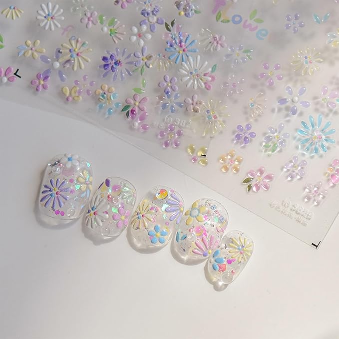 5D Flower Nail Art Stickers,Embossed Self-Adhesive Colorful Floral Nail Decals Cute Daisy Small Flower Floral Nail Art Supplies Summer Nail Design for Women and Girls DIY Manicure Decoration