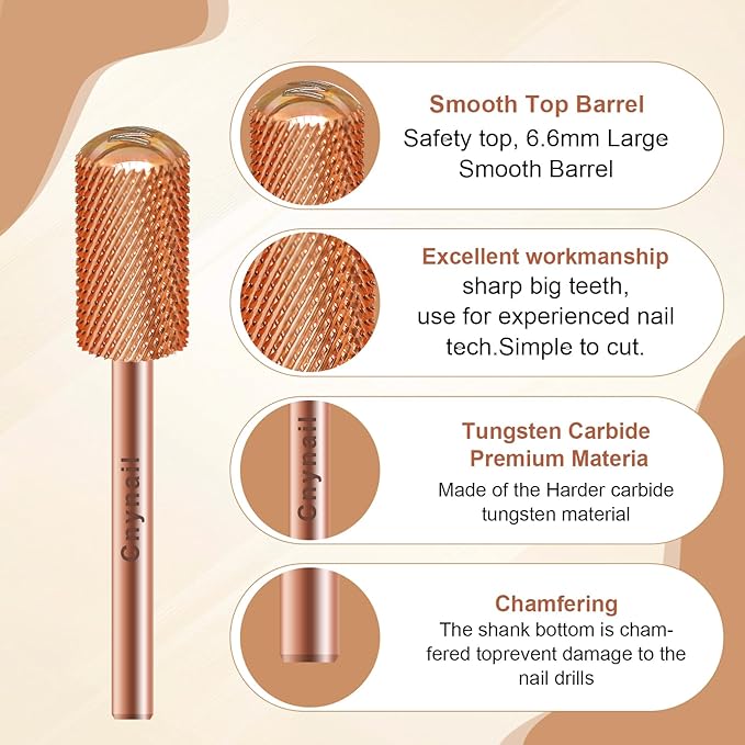 3/32" Large Barrel Smooth Round Top Tungsten Carbide Nail Drill Bit Safety Bit for Gel & Acrylic Removal, 2-Way Rotating Efile Tip, Salon Electric File Accessory (M Grit, Rose Gold)
