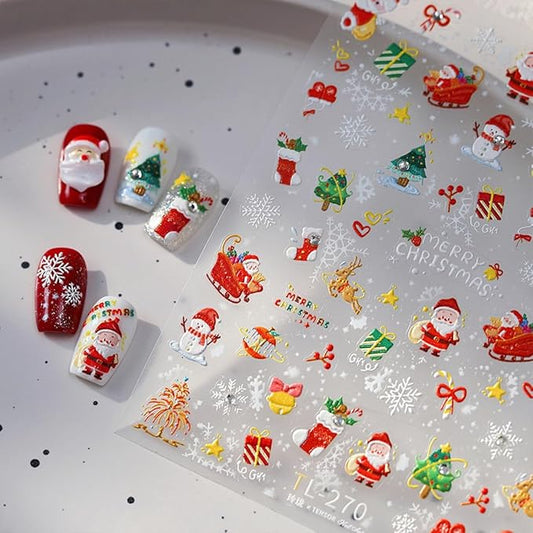 Christmas Nail Art Stickers 5D Embossed Xmas Nail Stickers Self-Adhesive Snowflake Santa Claus Christmas Tree Snowman Nail Decals for Women Girls Winter Holiday Manicure DIY Nail Supplies