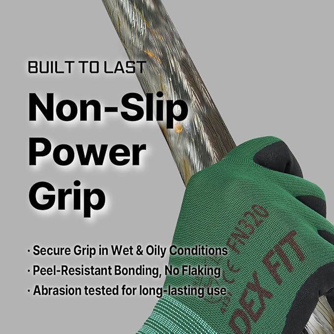 DEX FIT Premium Nylon Nitrile Work Gloves FN320, 3 Pairs, 3D-Comfort Stretchy Fit, Firm Grip, Thin & Lightweight, Durable, Breathable & Cool, Machine Washable; Forest Green 8 (M)