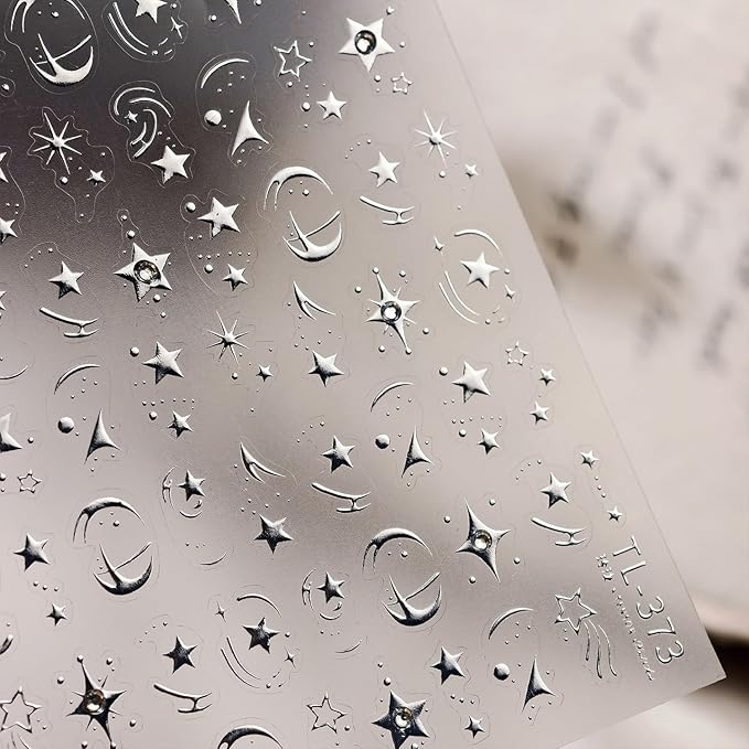Shine Silver Star Nail Stickers for Nail Art 5D Embossed Self-Adhesive Pentagram Nail Decals with Rhinestones Designs for Women DIY Manicure Supplies Decorations 1 Sheets