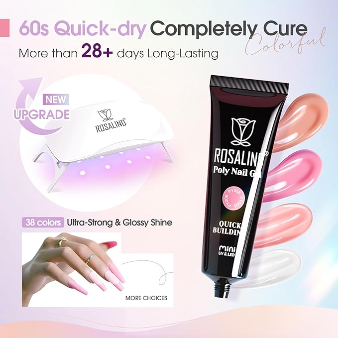 ROSALIND 38 Colors Color Poly Nail Gel Colors Kit with Mini Nail Lamp Clear Neon Poly Nail Gel Starter Kit for Beginners Halloween All Seasons Classic Colors with Everything