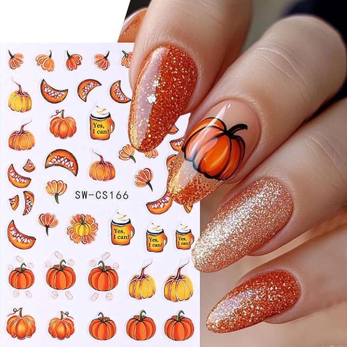 Pumpkin Nail Stickers Fall Nail Decals Maple Nail Art Stickers Glitter Leaves Nut Orange Design Thanksgiving Fall Nail Sticker for Nail Art 3D Self Adhesive for Women DIY Holiday Manicure Supplies