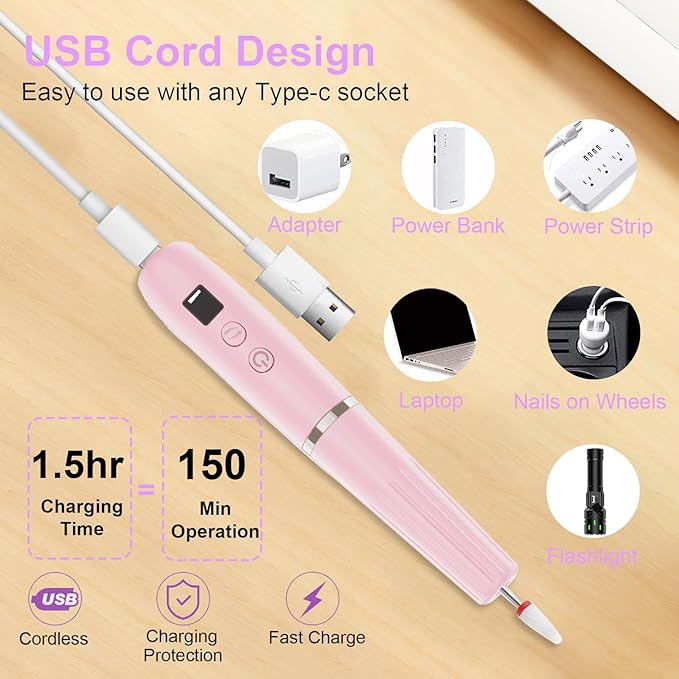 Electric Nail Filer, Professional Nail Drill Kit, Electric Nail Drill Kit, Portable File for Acrylic Gel Nails, Cordless Nail File Electric Manicure Pedicure Tools with Drill Bits for Home Salon