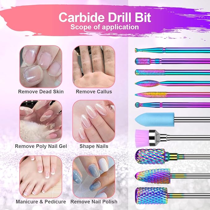 URAQT Nail Drill Bits Set, 11pcs Electric Nail Drill Bits Kit 3/32" Tungsten Carbide Less Dust Nail Bits, Cuticle Polishing Bits for Acrylic Gel Nails, Electric Nail Files Manicure Pedicure Drill Tool