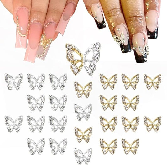 24pcs Butterfly Nail Charms Bulk 3D Charms for Acrylic Nails, Golden Silver Butterflies Nail Rhinestones Charms Nail Alloy Studs Nail Art Jewels Diamonds Gems Supplies for Nails Face Makeup