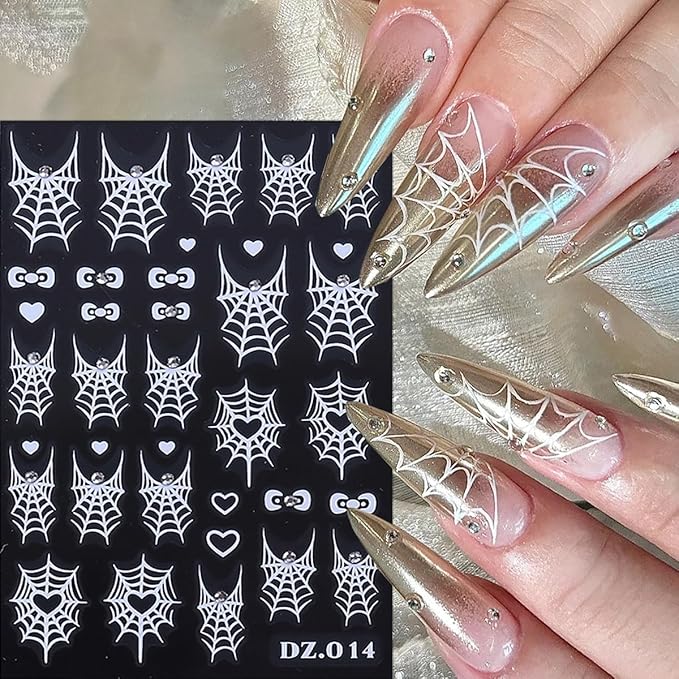 6 Sheets Halloween Scary Nail Stickers Gold Laser Silver White Nail Art Stickers Decals 3D Self-Adhesive Spider Web Bow Nail Decals for Women Halloween Party Nails Design Decoration Supplies