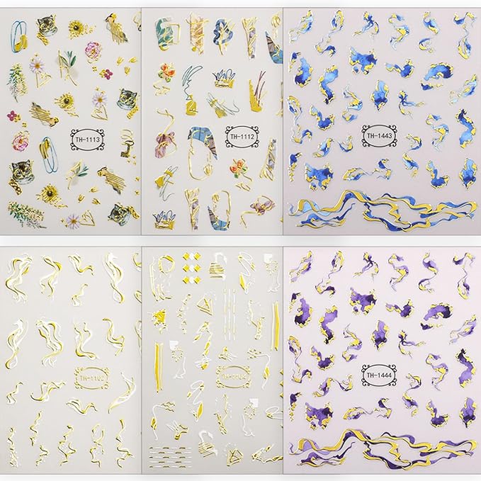 6 Sheets Marble Nail Stickers French Nail Art Stickers Decals 3D Self-Adhesive Design Bronzing Gold Nail Decals Blue Purple Brown Geometric Lines Abstract Nails Tip Decoration for Women Girls