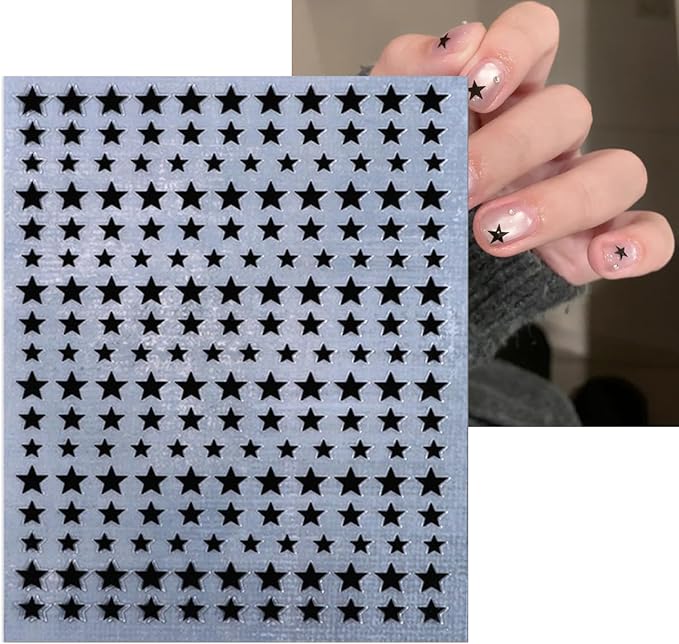 6 Sheets Star Nail Art Stickers Black Gold Silver Nail Decals with Silver Glitter Rhinestones Design 3D Self Adhesive Cute Star Nail Design Stickers Spring Nail Decor for Women Manicure Supplies