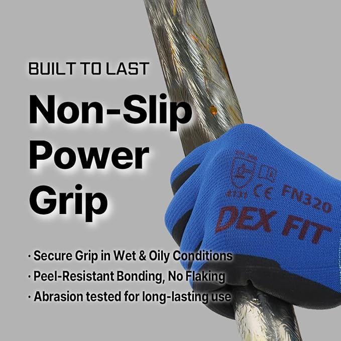 DEX FIT Nylon Work Gloves FN320, 3D Comfort Fit, Power Grip, Lightweight, Touchscreen for Men & Women, Breathable & Flexible for Yard Work DIY Mechanic Warehouse; Blue 9 (L)
