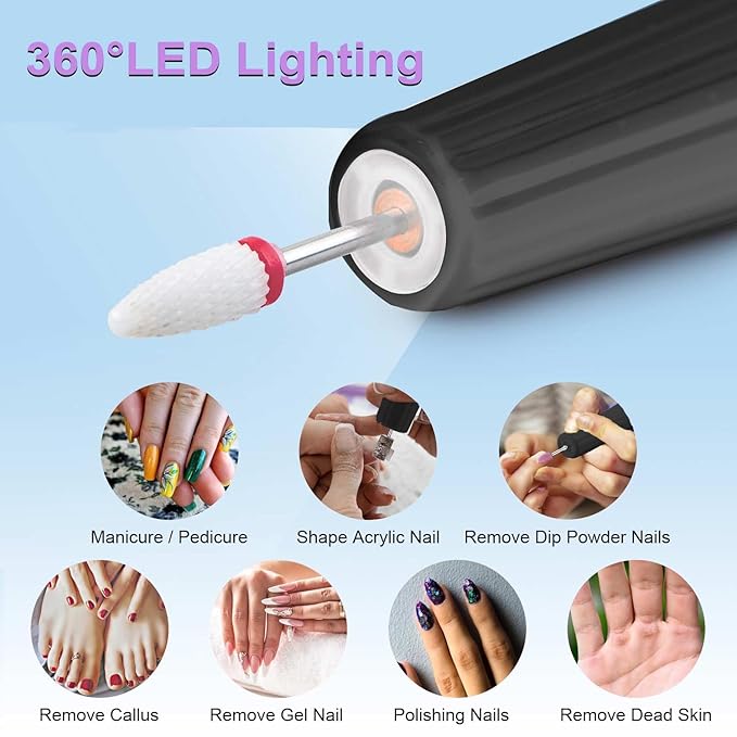 Electric Nail Filer, Professional Nail Drill Kit, Electric Nail Drill Kit, Portable File for Acrylic Gel Nails, Cordless Nail File Electric Manicure Pedicure Tools with Drill Bits for Home Salon