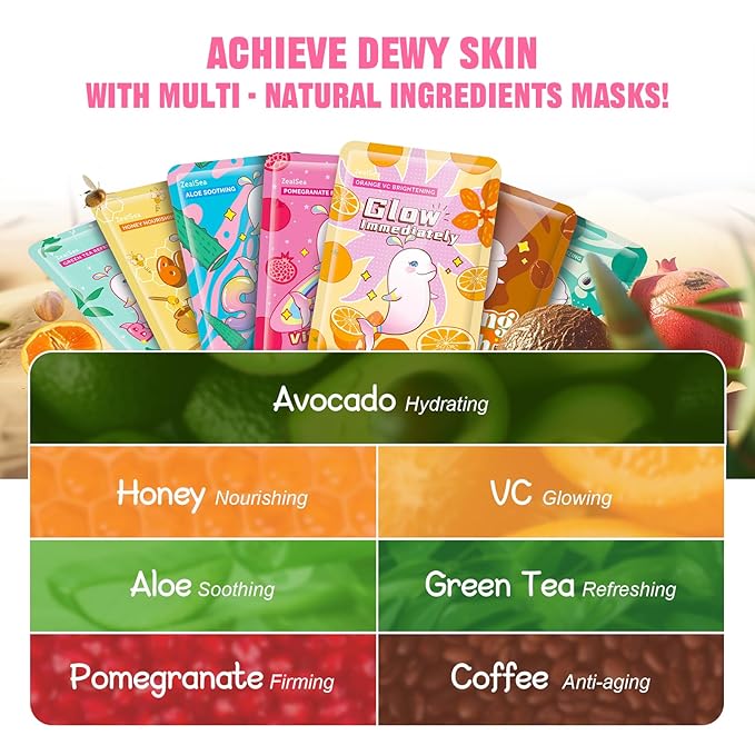 ZealSea Face Masks Skincare, Facial Masks for Women Skin Care, Sheet Masks Beauty with Natural Ingredients, Birthday Party Spa Gift for Kids Teens Girls, Hydrate and Soothe for All Skin Types 21 Pack