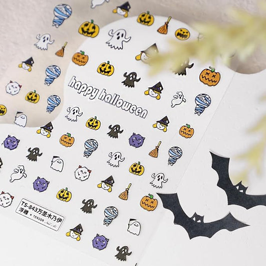 Halloween Nail Stickers for Nail Art - Cute Ghost Nail Art Sticker Bat Witch Hat 5D Embossed Nail Decals Self-Adhesive Nails Supply Manicure Stickers for Nails Decoration (Happy All Saints' Day)