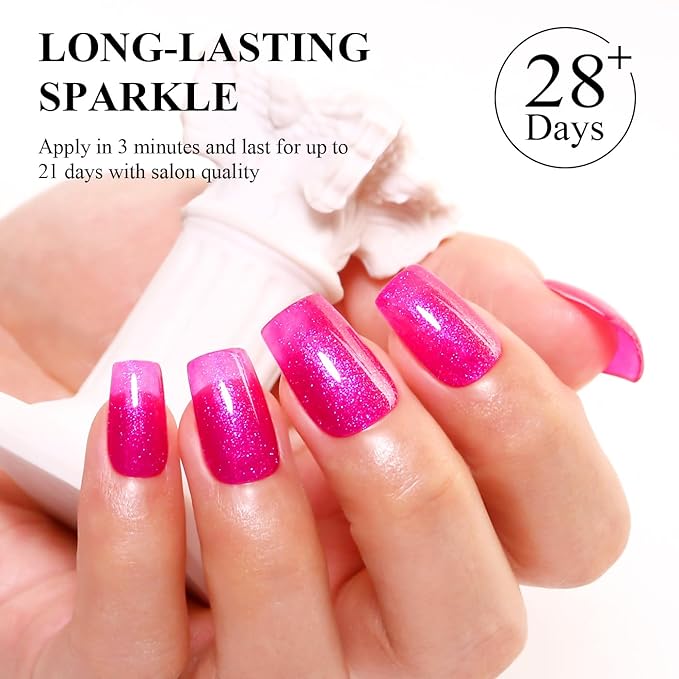 Imtiti Glitter Gel Nail Polish, 15ML Hot Pink Iridescent Glitter Gel Polish Soak Off LED UV Diamond Shimmer Sparkle Nail Gel Polish Fall Winter Manicure Gel Nail Polish Kit