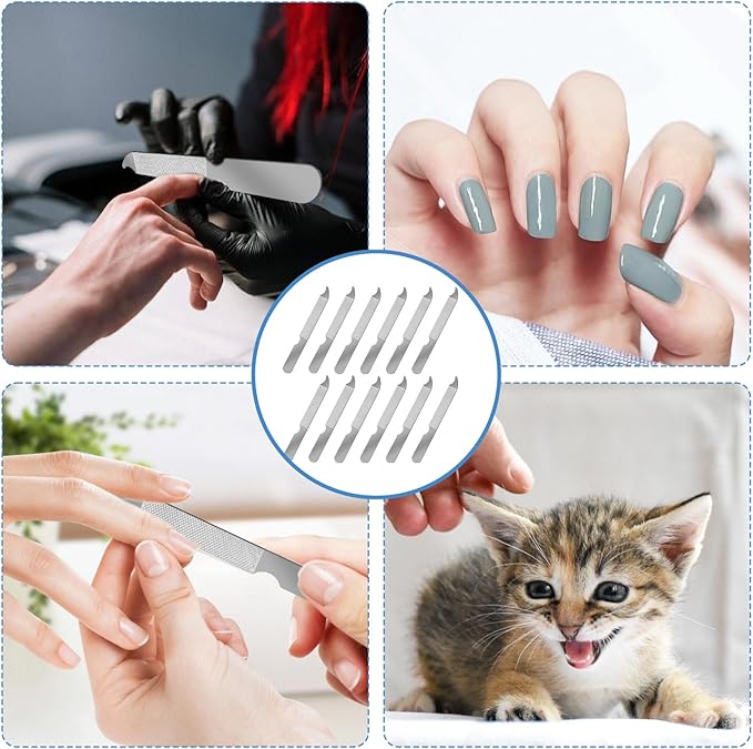 12 PCS Metal Nail Files for Women Stainless Steel Finger Nail Buffer Double-Sided Precision Fingernail Files with Curved Sharp Pointed Tip Thin Durable Nails File Bulk for Salon Home Travel