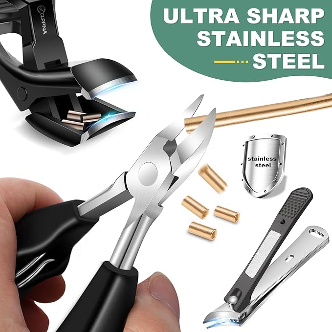 Toenail Clippers for Seniors Thick Toenails, CLPPNA Angled Head Large Toe Nail Clippers Set for Men, Heavy Duty 45° Ingrown Toenail Clippers, 37mm Wide Opening Nail Cutter with Long Handle, 6PCS
