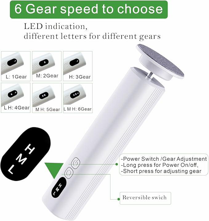 Cordless Electric Foot File Callus Remover - 6-Speed Heel Scraper for Cracked Heels,Painless Dead Skin Remover for feet, Rechargeable Foot Grinder Professional Pedicure Tools Kits for feet (White)