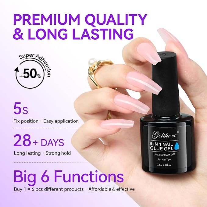 Gelike EC Pro Nail Glue & Strengthener: Nude 6-in-1 Nail Adhesive for Repair - Strengthening & Protein Repair - Perfect for Home & Salon Use 11544 - UV Needed