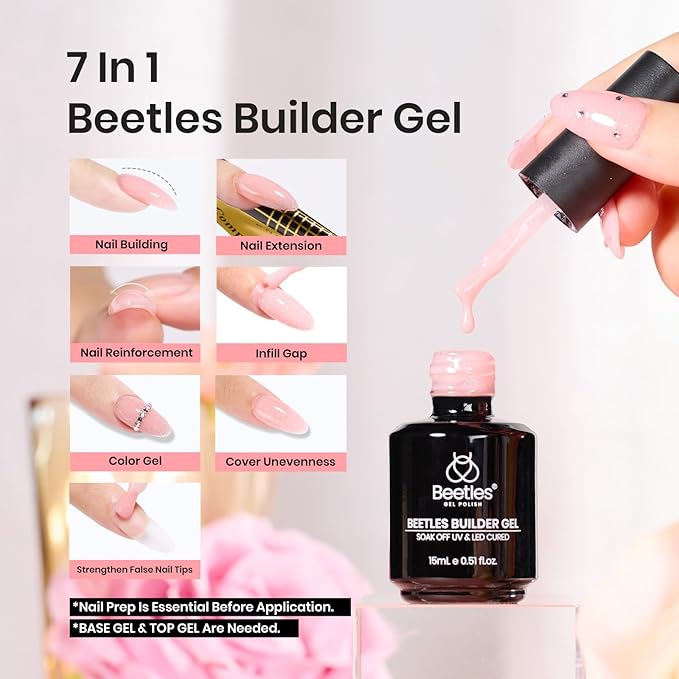 Beetles Builder Gel for Nails-Starlit Nude 7 in 1 Nail Thickening Strengthening Building Apex for Beginner DIY Salon at Home,Shimmer Pink Builder Nail Gel,UV & LED Lamp Cured Needed