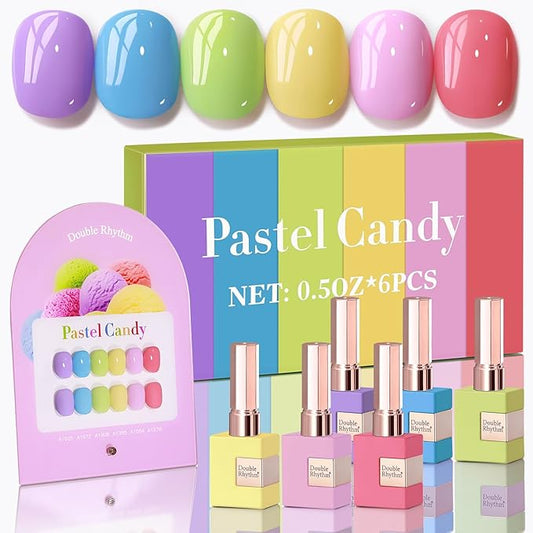 Double Rhythm 6 Pcs 15 ML Gel Polish Set Same Color Same Bottle Soak Off Gel Polish Kit Nail Art Manicure Salon DIY at Home for Women (Purple Blue Green Yellow Pink Peach-T6-10)