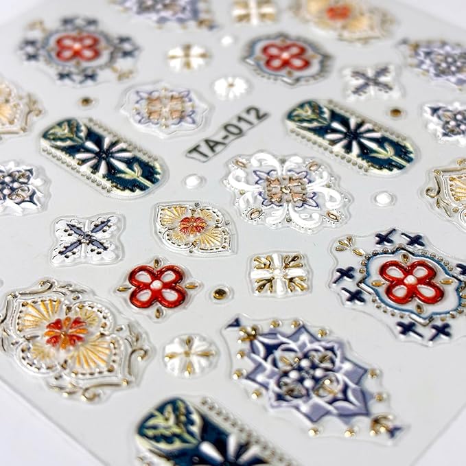 2 Sheets Relief Bohemian Style Nail Stickers, Retro Color 5D Embossed Nail Decals with Metallic Lace Lines, Vintage Boho Nail Art Decoration for Women Girls DIY Manicure Supplies