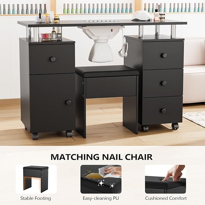 OmySalon Nail Desk and Chair Set, Manicure Table with Dust Collector, Arm Rest, 8 Wheels, Acetone Resistant Desktop, Drawers & Cabinet Storage for Makeup Beauty Salon (Black)