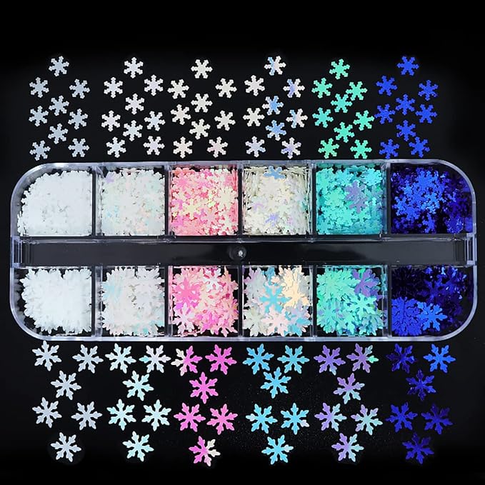 12 Grids 3D Snowflake Nail Glitter Sequins Holographic Laser Snowflake Nail Art Stickers Decals Christmas Nail Glitter Flakes Pink Blue White Snowflake Glitter Xmas Winter Nail Snow Glitter
