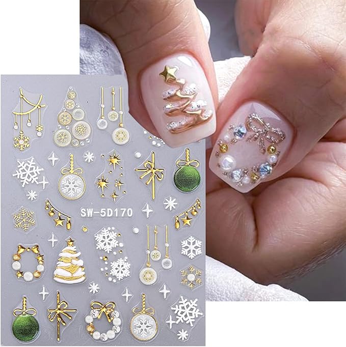 2 Sheets Christmas 5D Embossed Nail Art Stickers for Xmas Trees, Gift, Snowman Nail Decals with Gold, Silver Ball, Reindeer, Elk Designs for Women, Cute Winter Stickers