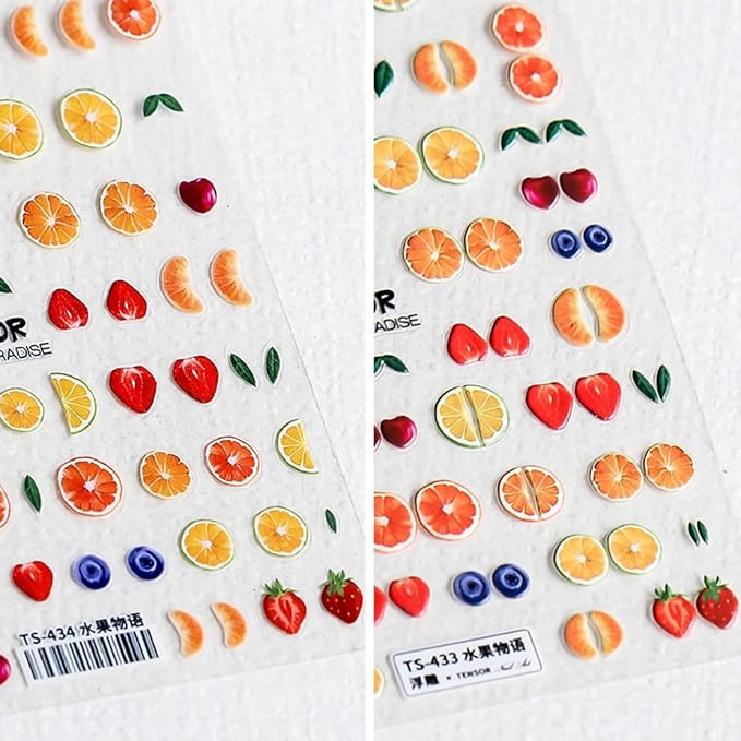 Summer Fruit Nail Art Stickers Decals 5D Embossed Fruit Nail Decals 1PCS Orange Lemon Strawberry Blueberry Summer Nails Design Engraved Stickers Manicure Nail Art Supplies for Women Nail Decorations