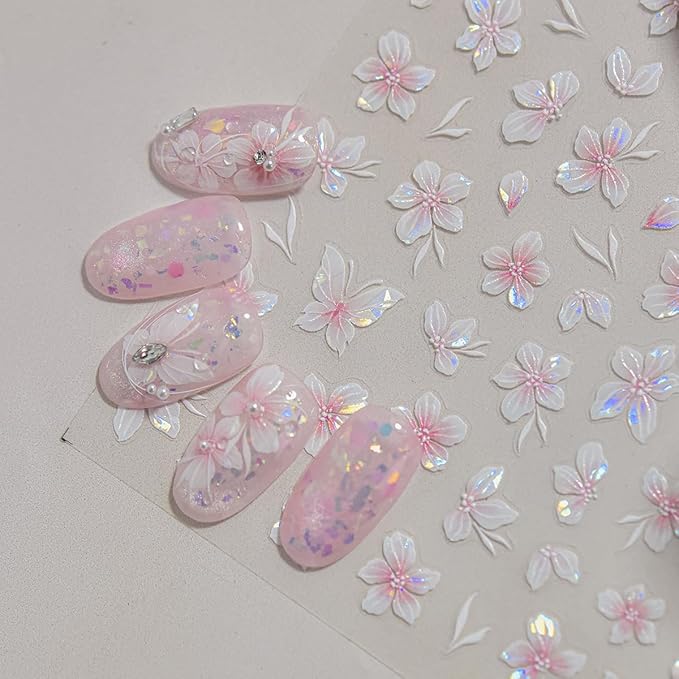 1 Sheet of Pink Flower Nail Stickers, Aurora Gradient Floral Nail Art Stickers, 5D Embossed Self-Adhesive Nail Decals for Women DIY Spring Floral Manicure Decoration Supplies